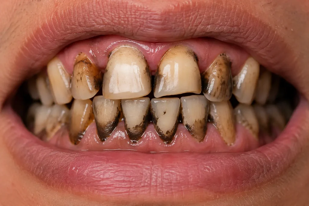 Persona con dientes negros y manchas oscuras