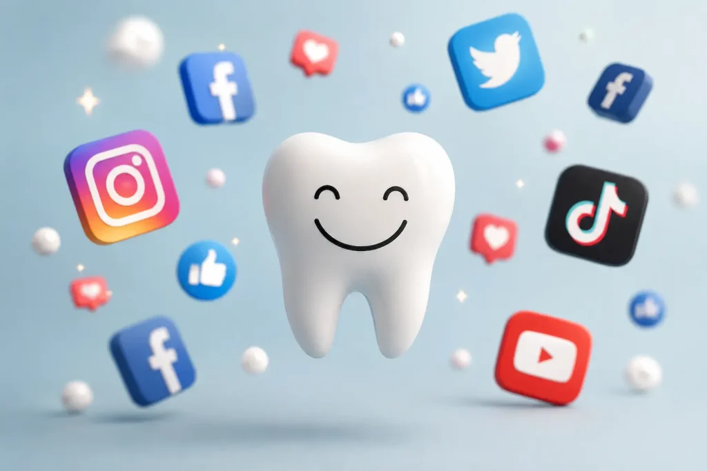 Mujer sonriendo con su teléfono, ideal para compartir frases odontológicas en redes sociales